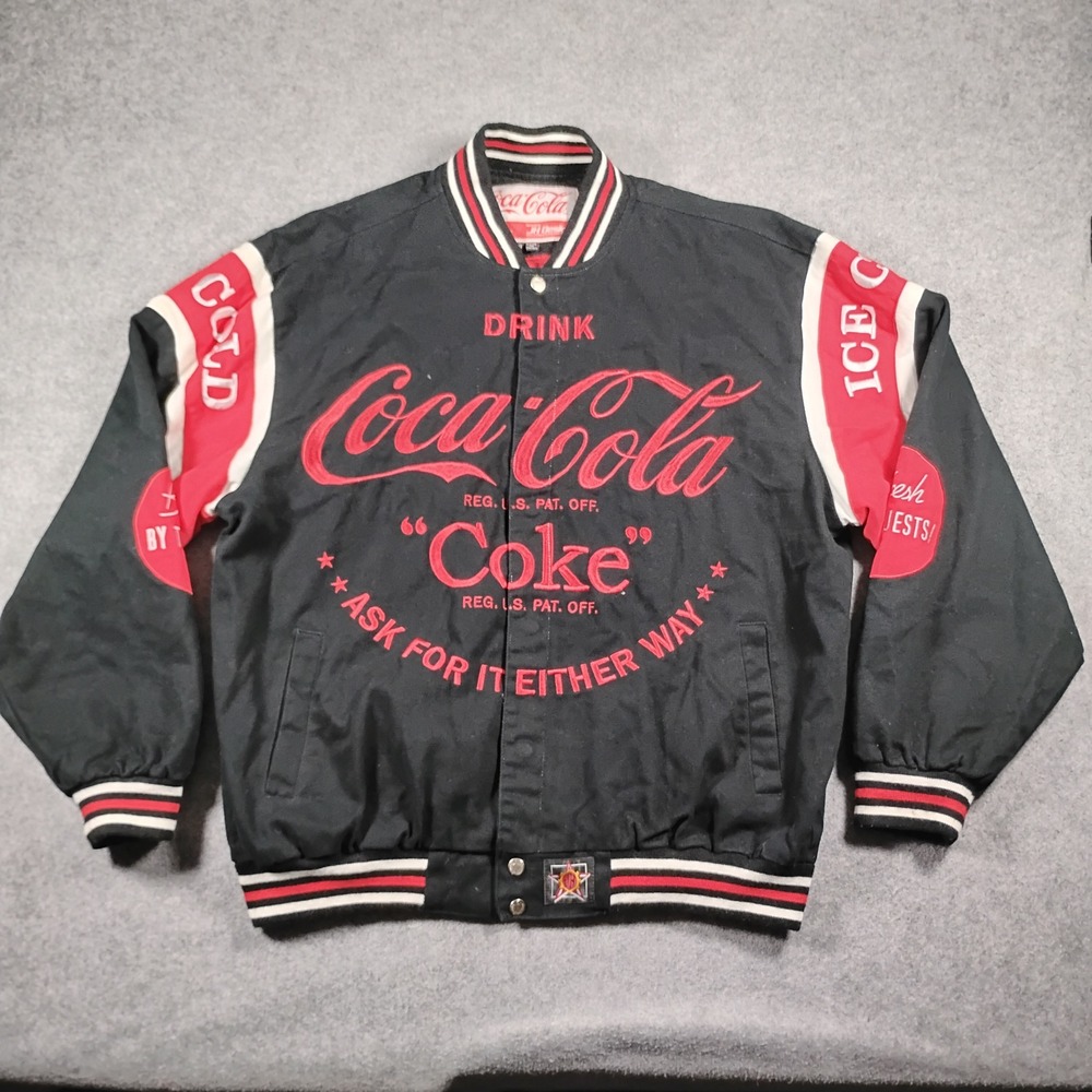 JH Design Coca-Cola Men's Black Denim Varsity Bomber Jacket Embroidered XL